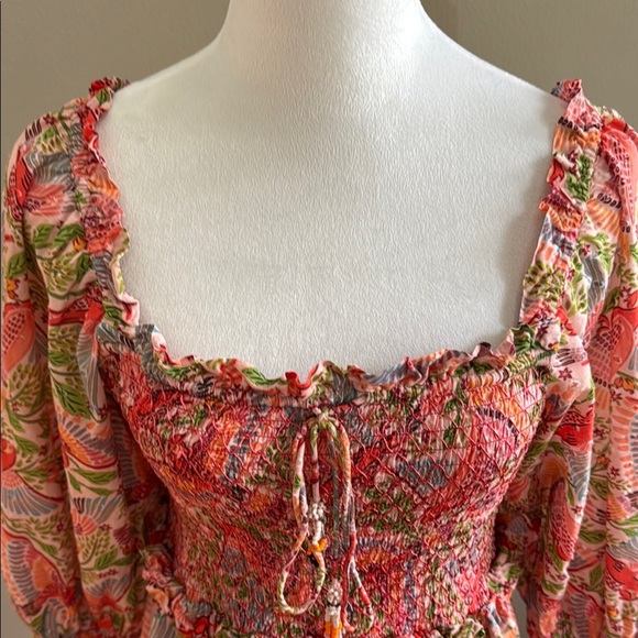 Farm Rio Macaw Flight Tiered Printed Cotton Smocked Floral Midi Dress Size M - Picture 5 of 17